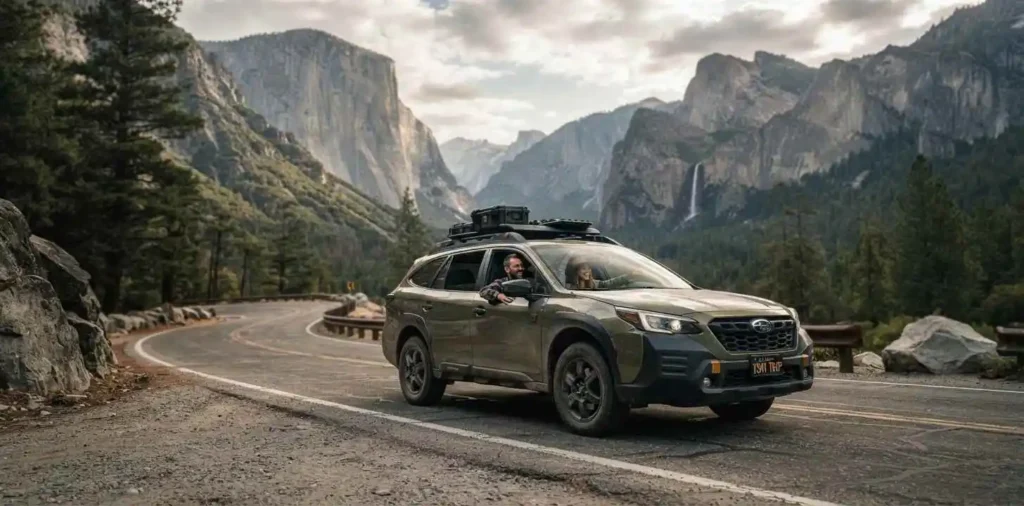 Road trip car driving through Yosemite
